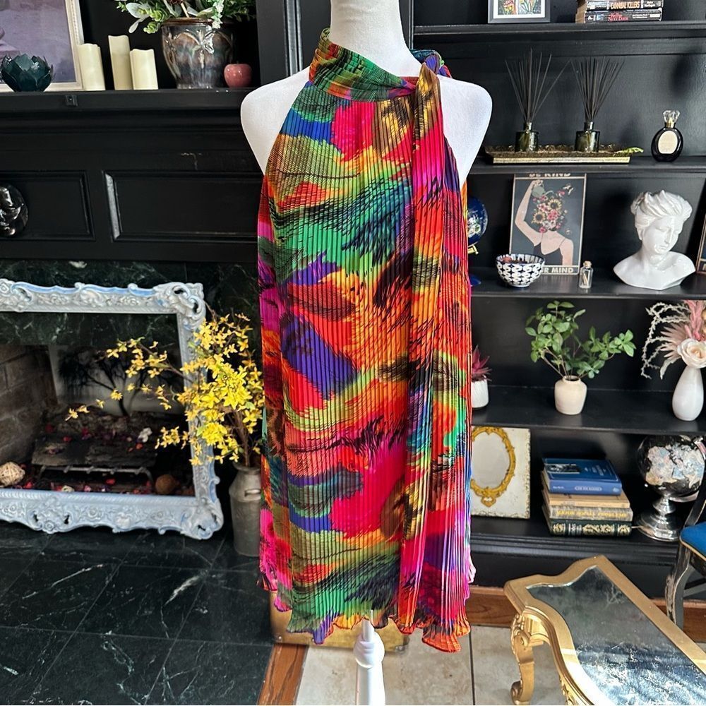 Oleg Cassini Multi‑Colored Tropical Pleated Dress • Size 12 • Vibrant Resort Vib - Picture 5 of 12
